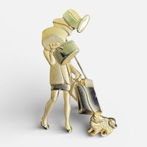 AJC Gold SHOPPING GIRL Brooch Fashionista with Dog Figural Pin Funny Playful